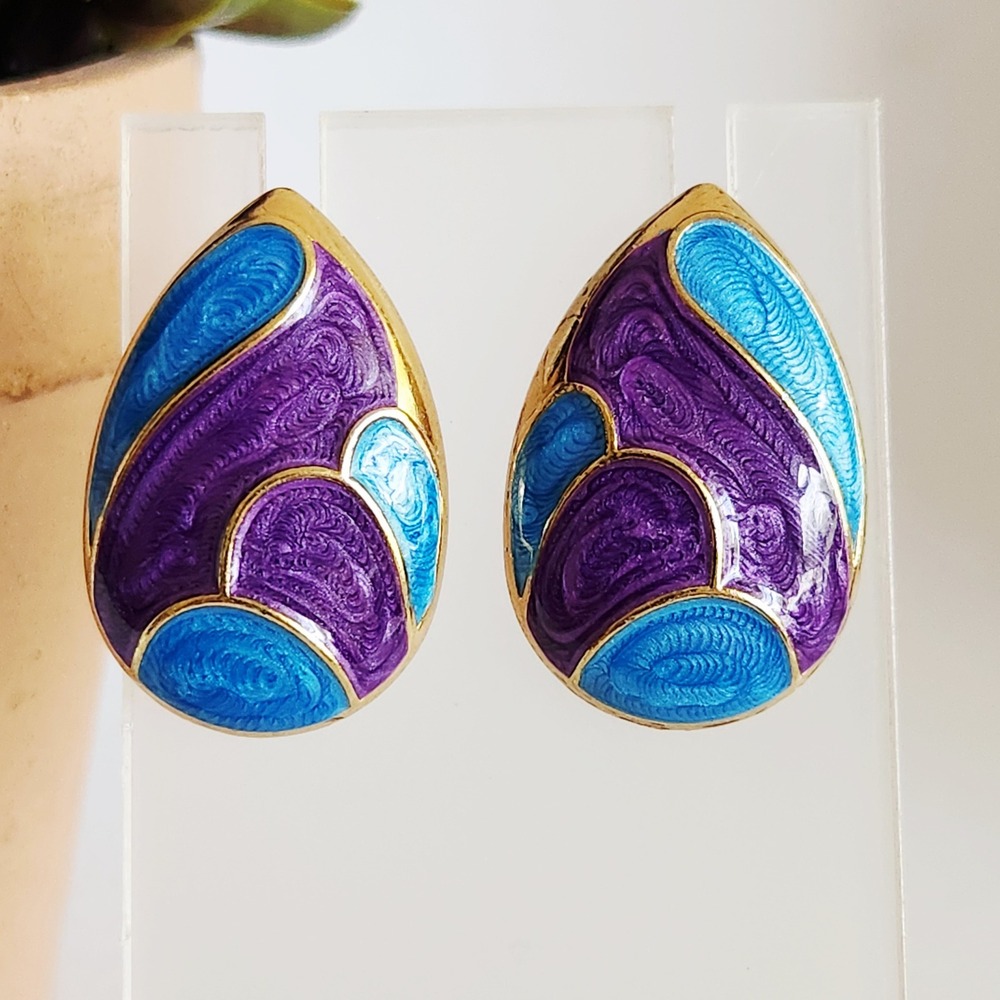 Multi-Color Enamel Teardrop Stud Earrings Purple Blue Gold Tone 1 Inch